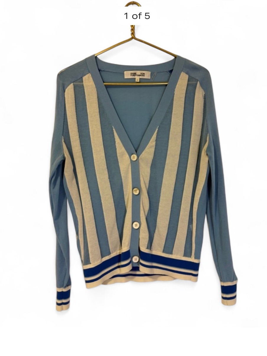 Diane Von Furstenberg Blue And Cream Striped V-Neck Cardigan